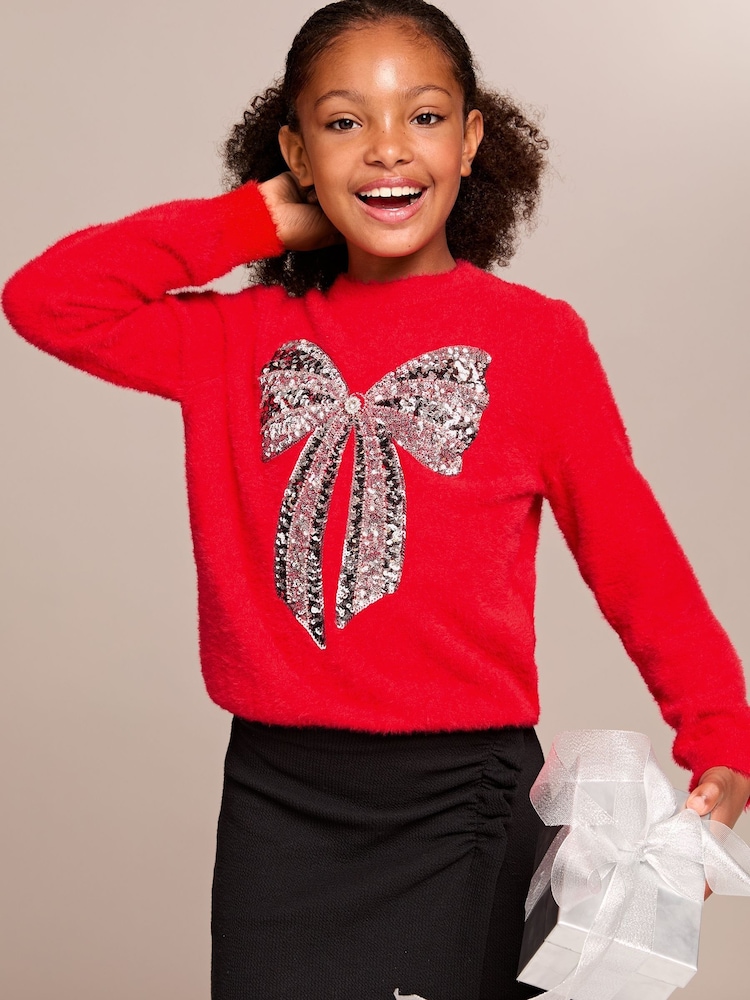 Lipsy Red Bow Knitted Christmas Jumper (5-16yrs) - Image 1 of 4