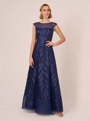 Adrianna Papell Blue Applique Organza Long Gown - Image 1 of 7
