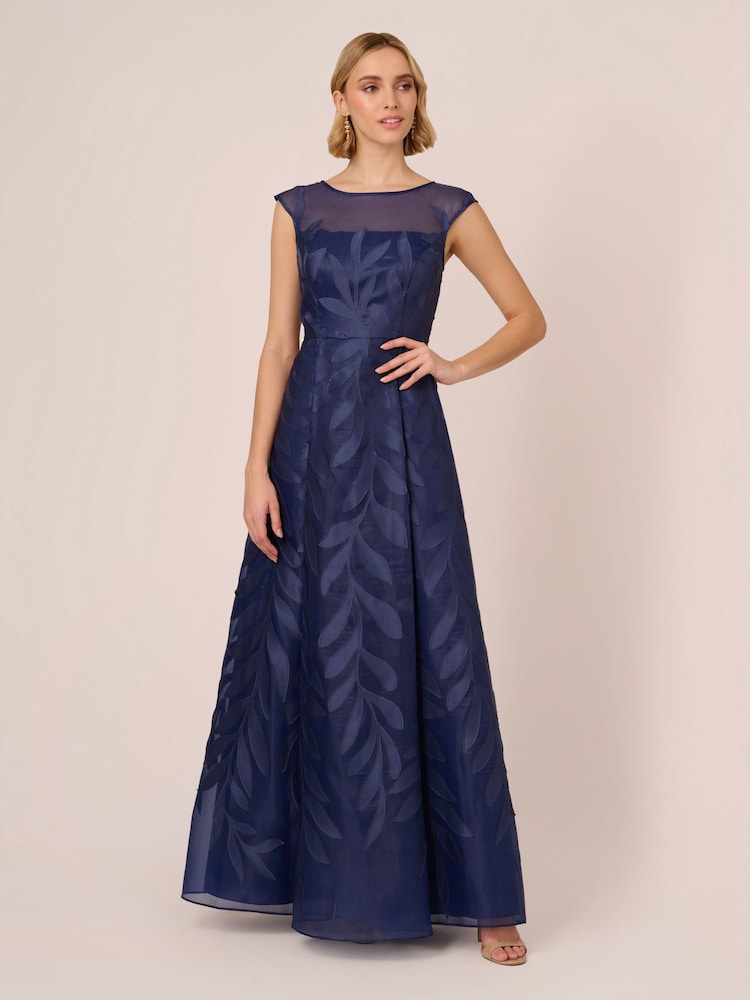 Adrianna Papell Blue Applique Organza Long Gown - Image 1 of 7