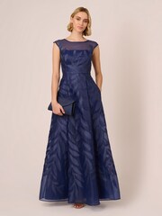 Adrianna Papell Blue Applique Organza Long Gown - Image 3 of 7