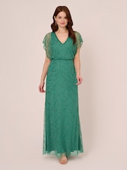 Adrianna Papell Green Beaded Blouson Long Dress - Image 1 of 7