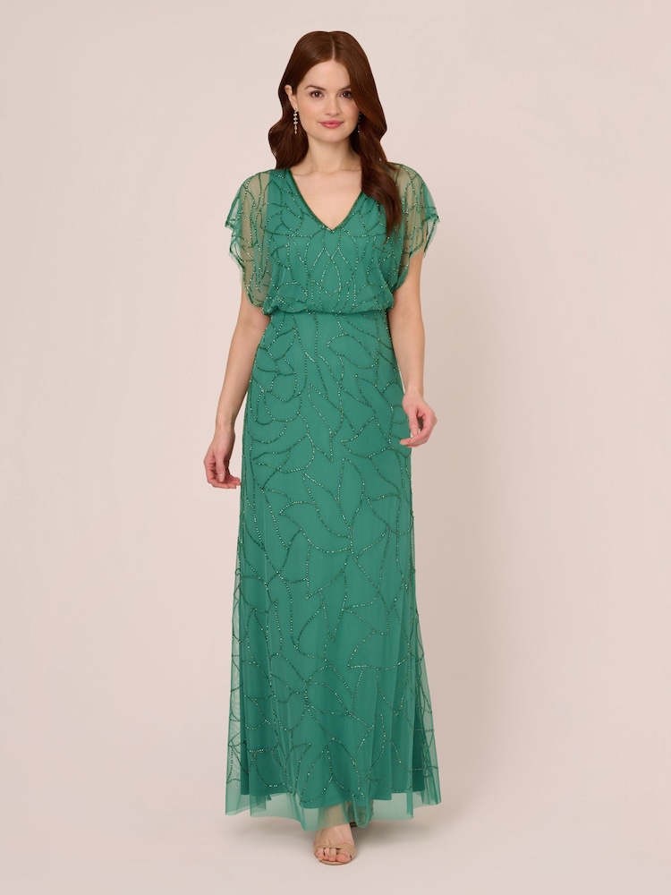 Adrianna Papell Green Beaded Blouson Long Dress - Image 1 of 7