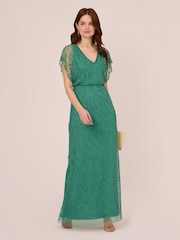 Adrianna Papell Green Beaded Blouson Long Dress - Image 3 of 7