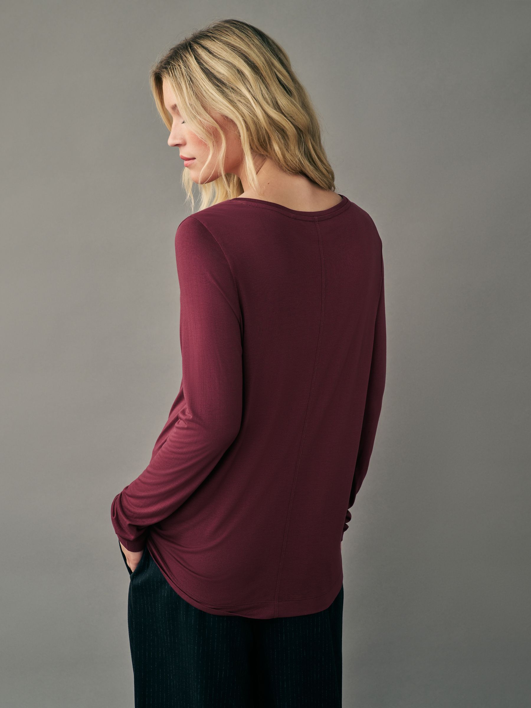 Buy Burgundy Red Print Slouch V-Neck Long Sleeve T-Shirt