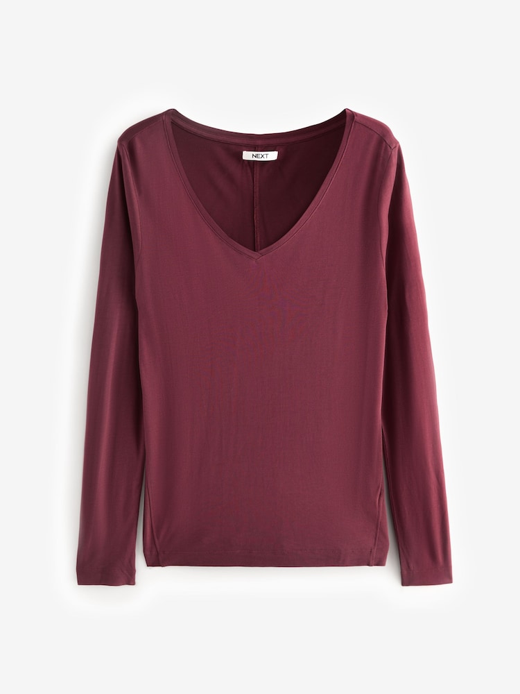 Burgundy Red Print Slouch V-Neck Long Sleeve T-Shirt - Image 5 of 7
