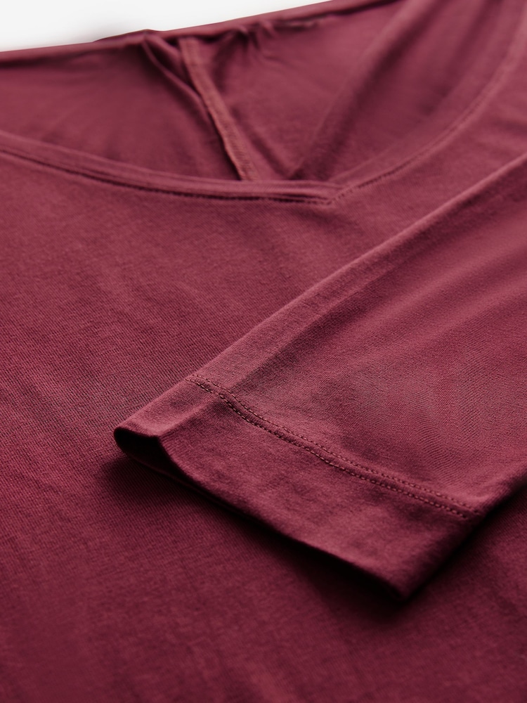 Burgundy Red Print Slouch V-Neck Long Sleeve T-Shirt - Image 6 of 7