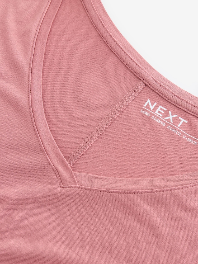 Rose Pink Print Slouch V-Neck Long Sleeve T-Shirt - Image 5 of 6