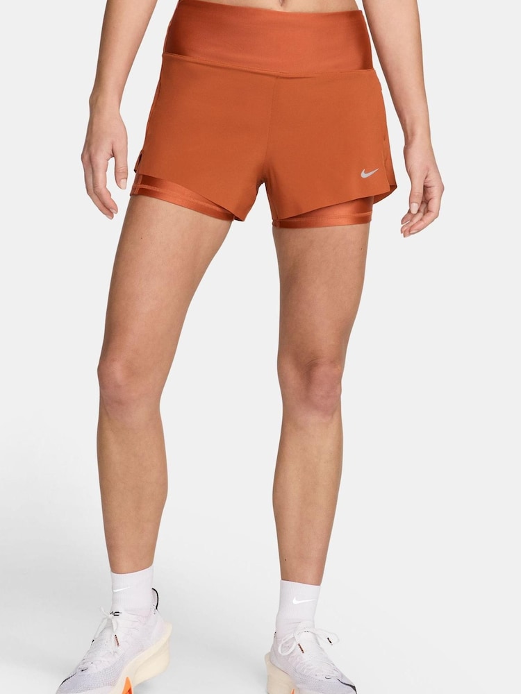 Nike Orange Dri FiT Swift Mid Rise 3 Inch 2 in 1 Running Shorts with Pockets - Image 1 of 12