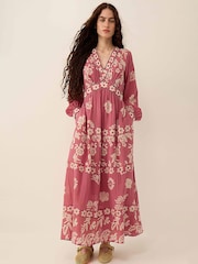East Pink Kris Hand-Batik Floral Print V-Neck Maxi Dress - Image 1 of 5