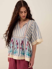 East Rylea Hand-Screen Printed Placement Floral Striped Cotton Top - Imagen 1 de 5