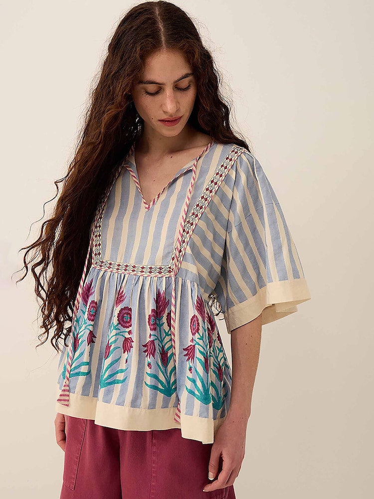 East Rylea Hand-Screen Printed Placement Floral Striped Cotton Top - Imagen 1 de 5