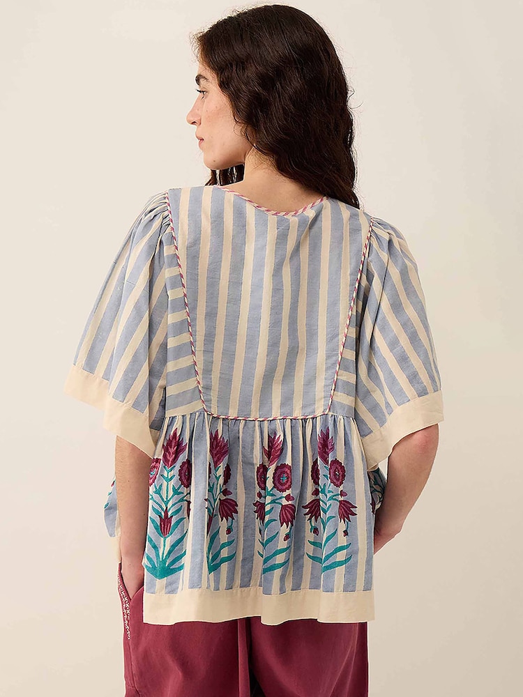 East Rylea Hand-Screen Printed Placement Floral Striped Cotton Top - Imagen 2 de 5