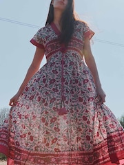 East Red Lessi Hand-Woodblock Floral Border Print V-Neck Waisted Midi Dress - Image 1 of 3