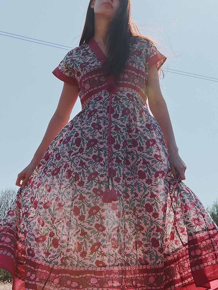 East Red Lessi Hand-Woodblock Floral Border Print V-Neck Waisted Midi Dress - Image 1 of 3 East Red Lessi Hand-Woodblock Floral Border Print V-Neck Waisted Midi Dress - Image 1 of 3