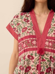 East Red Lessi Hand-Woodblock Floral Border Print V-Neck Waisted Midi Dress - Image 2 of 3