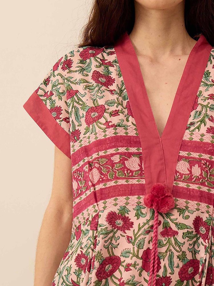 East Red Lessi Hand-Woodblock Floral Border Print V-Neck Waisted Midi Dress - Image 2 of 3 East Red Lessi Hand-Woodblock Floral Border Print V-Neck Waisted Midi Dress - Image 2 of 3
