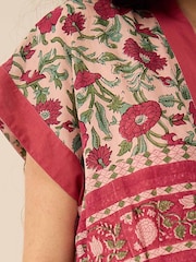 East Red Lessi Hand-Woodblock Floral Border Print V-Neck Waisted Midi Dress - Image 3 of 3