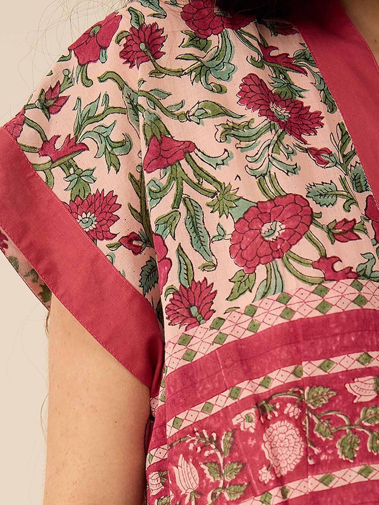 East Red Lessi Hand-Woodblock Floral Border Print V-Neck Waisted Midi Dress - Image 3 of 3 East Red Lessi Hand-Woodblock Floral Border Print V-Neck Waisted Midi Dress - Image 3 of 3