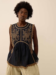 East Blue Winnie Contrast Broderie Lace Sleeveless Cotton Top - Image 1 of 4