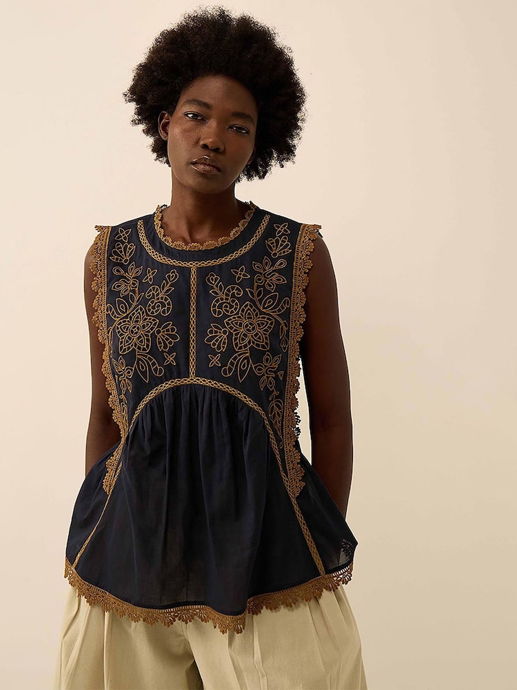 East Blue Winnie Contrast Broderie Lace Sleeveless Cotton Top - Image 1 of 4 East Blue Winnie Contrast Broderie Lace Sleeveless Cotton Top - Image 1 of 4