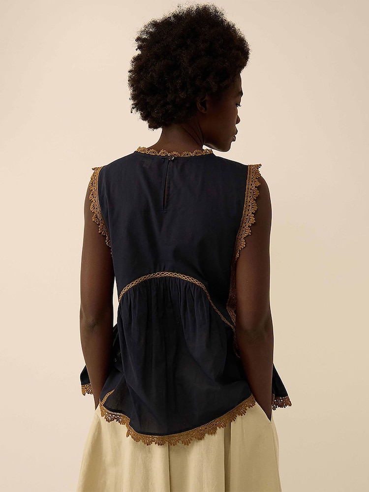 East Blue Winnie Contrast Broderie Lace Sleeveless Cotton Top - Image 2 of 4 East Blue Winnie Contrast Broderie Lace Sleeveless Cotton Top - Image 2 of 4
