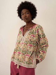 East Grey Aurelie Hand-Woodblock Botanical Border Print Tie Neck Top - Image 1 of 4