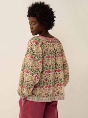 East Grey Aurelie Hand-Woodblock Botanical Border Print Tie Neck Top - Image 2 of 4