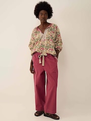 East Grey Aurelie Hand-Woodblock Botanical Border Print Tie Neck Top - Image 3 of 4
