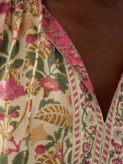 East Grey Aurelie Hand-Woodblock Botanical Border Print Tie Neck Top - Image 4 of 4
