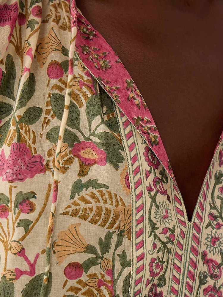 East Grey Aurelie Hand-Woodblock Botanical Border Print Tie Neck Top - Image 4 of 4 East Grey Aurelie Hand-Woodblock Botanical Border Print Tie Neck Top - Image 4 of 4