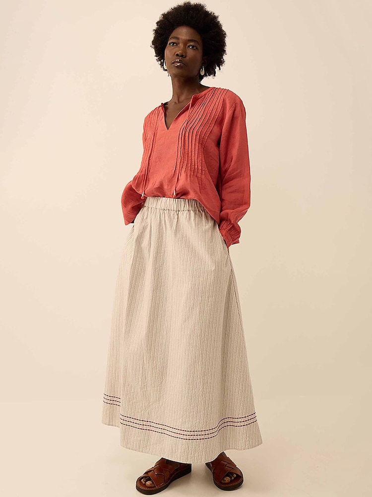 East Zoe Yarn-Dyed Pinstripe Textured Cotton Embroidered A-Line Midi Skirt - Imagen 1 de 3