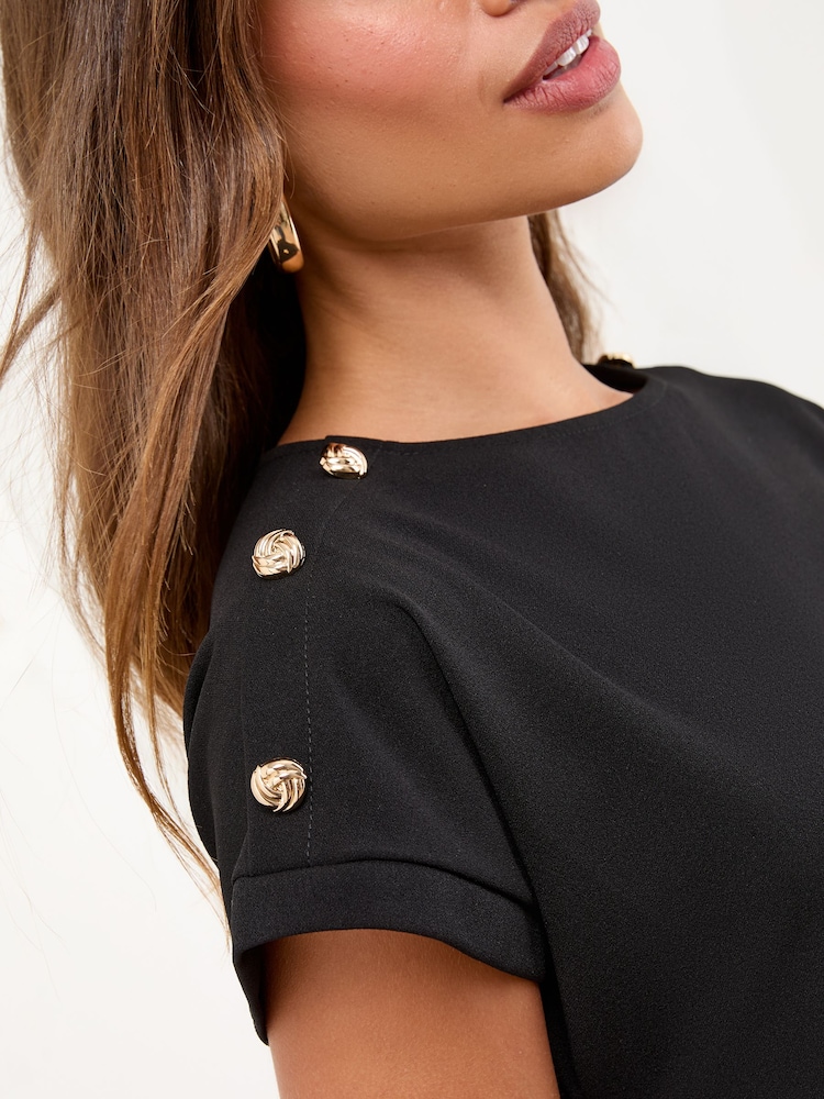 Lipsy Black Military Button Tie Belt Mini Shift Dress - Image 2 of 4