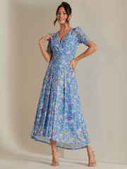 Jolie Moi Blue Ruched Sleeve Maxi Dress - Image 1 of 6