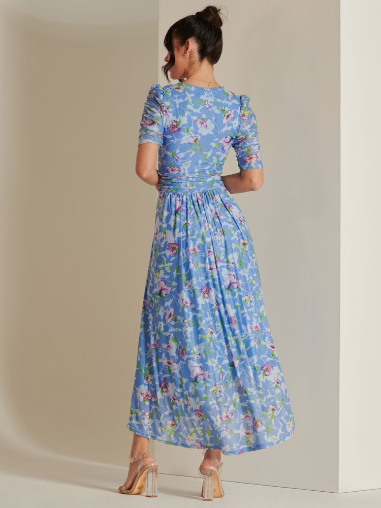 Jolie Moi Blue Ruched Sleeve Maxi Dress - Image 2 of 6