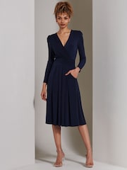 Jolie Moi Blue Plain Long Sleeve Jersey Midi Dress - Image 1 of 6