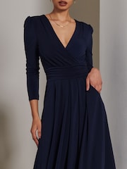 Jolie Moi Blue Plain Long Sleeve Jersey Midi Dress - Image 3 of 6
