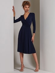 Jolie Moi Blue Plain Long Sleeve Jersey Midi Dress - Image 4 of 6