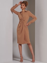 Jolie Moi Brown Wrap Ruched Reveka Shirt Dress - Image 1 of 6