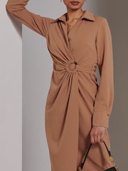 Jolie Moi Brown Wrap Ruched Reveka Shirt Dress - Image 3 of 6