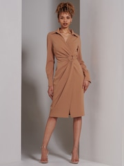 Jolie Moi Brown Wrap Ruched Reveka Shirt Dress - Image 4 of 6