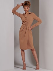 Jolie Moi Brown Wrap Ruched Reveka Shirt Dress - Image 5 of 6