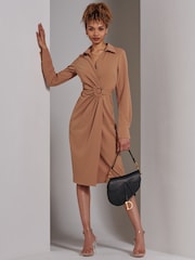Jolie Moi Brown Wrap Ruched Reveka Shirt Dress - Image 6 of 6
