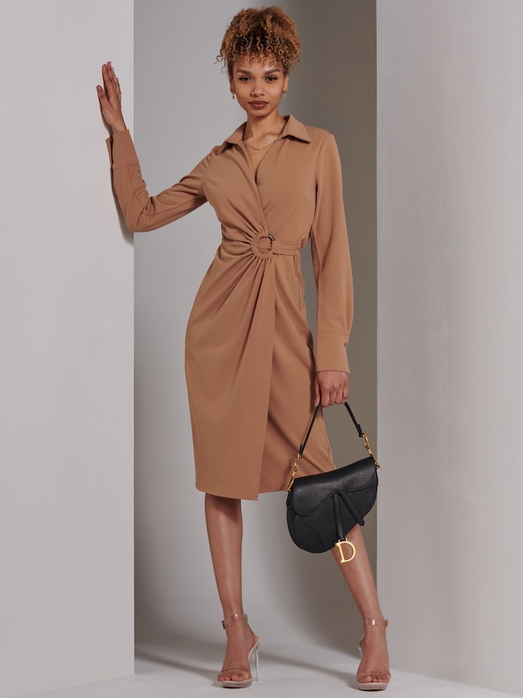 Jolie Moi Brown Wrap Ruched Reveka Shirt Dress - Image 6 of 6