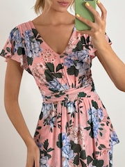 Jolie Moi Pink Floral Tiered Hem Ruffle Maxi Dress - Image 3 of 6