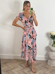 Jolie Moi Pink Floral Tiered Hem Ruffle Maxi Dress - Image 4 of 6
