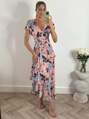 Jolie Moi Pink Floral Tiered Hem Ruffle Maxi Dress - Image 6 of 6