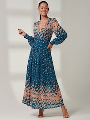 Jolie Moi Blue Blossom Long Sleeve Mesh Maxi Dress - Image 1 of 6