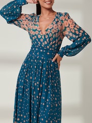 Jolie Moi Blue Blossom Long Sleeve Mesh Maxi Dress - Image 3 of 6