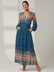 Jolie Moi Blue Blossom Long Sleeve Mesh Maxi Dress - Image 4 of 6