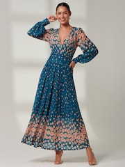 Jolie Moi Blue Blossom Long Sleeve Mesh Maxi Dress - Image 5 of 6